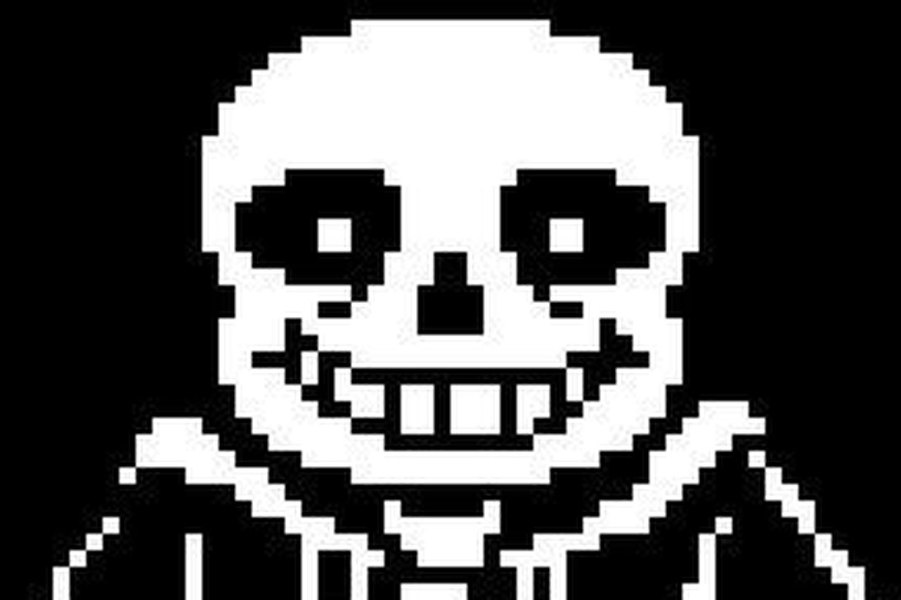 Screenshot of Undertale character Sans a pixelated skeleton man wearing slippers and a jacket