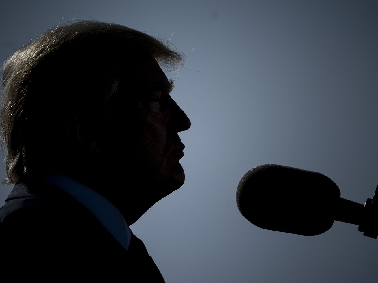 In a shadowy silhouette, Donald Trump speaks into a microphone.