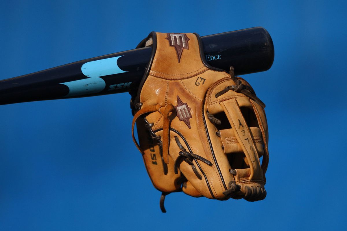 Apr 19, 2012; Toronto, ON, Canada; The bat and glove of Tampa Bay Rays third base coach Tom Foley before the game against the Toronto Blue Jays at the Rogers Centre. Mandatory Credit: Tom Szczerbowski-US PRESSWIRE