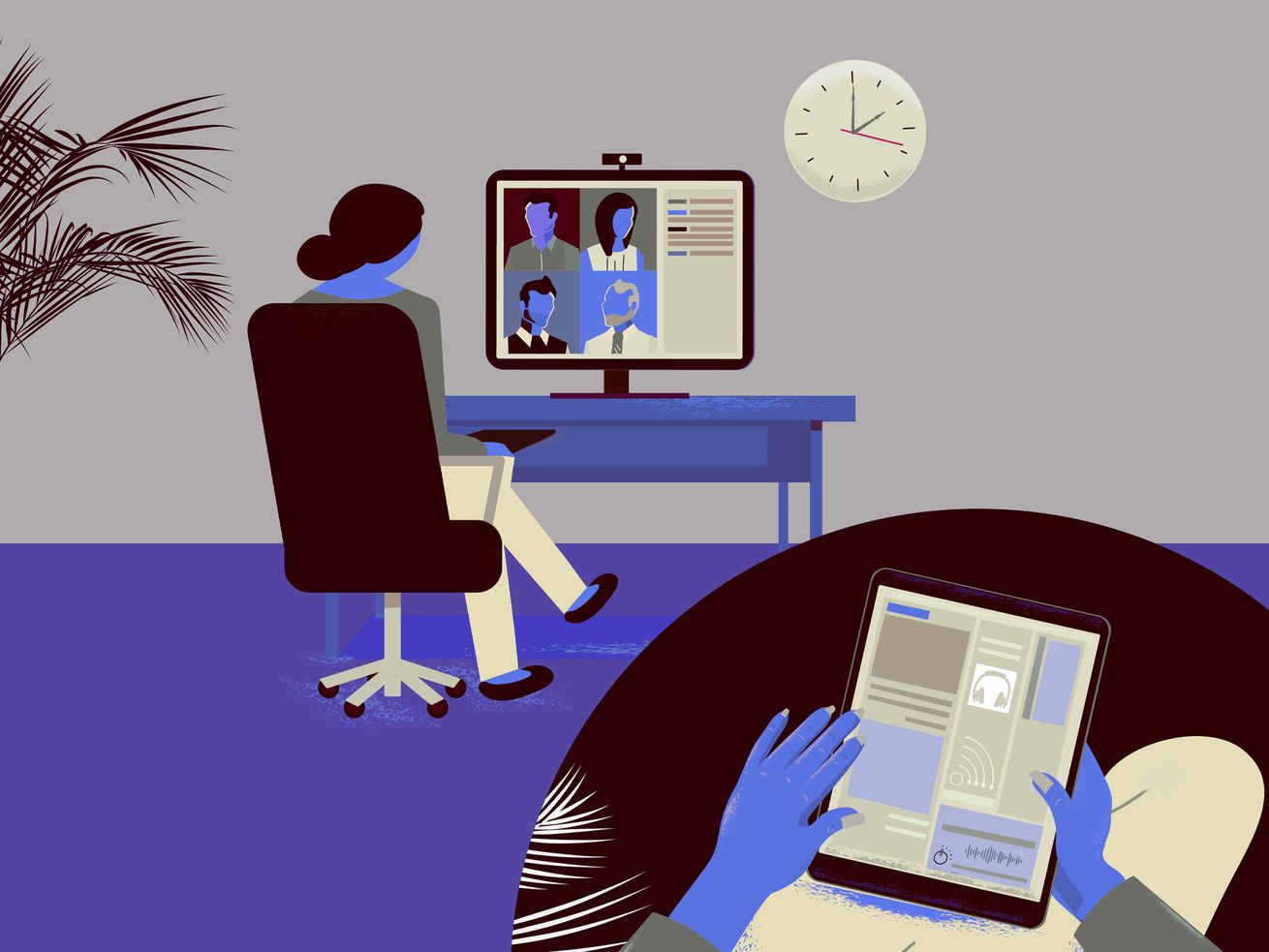 Cartoon illustration of a worker at a desk with a screen displaying a Zoom call. In the foreground is an inset showing that the person has a tablet in their lap out of sight of the work meeting.