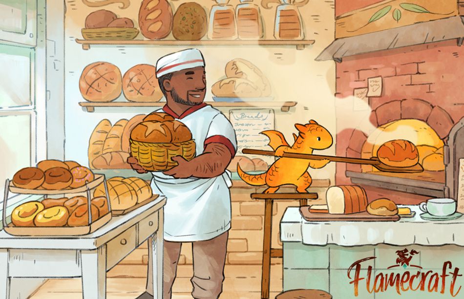 A Black man grins, holding a basket full of bread, while a yellow dragon tends a large brick over. The light is yellow and warm, and smoke rises from the scene.