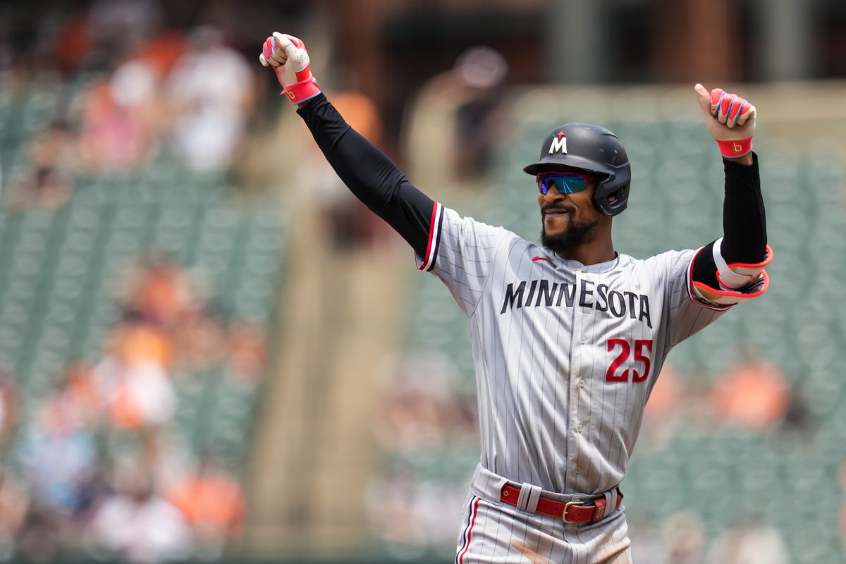 Byron Buxton of the Minnesota Twins celebrates against the Baltimore Orioles on July 2, 2023 at Oriole Park at Camden Yards in Baltimore, Maryland.