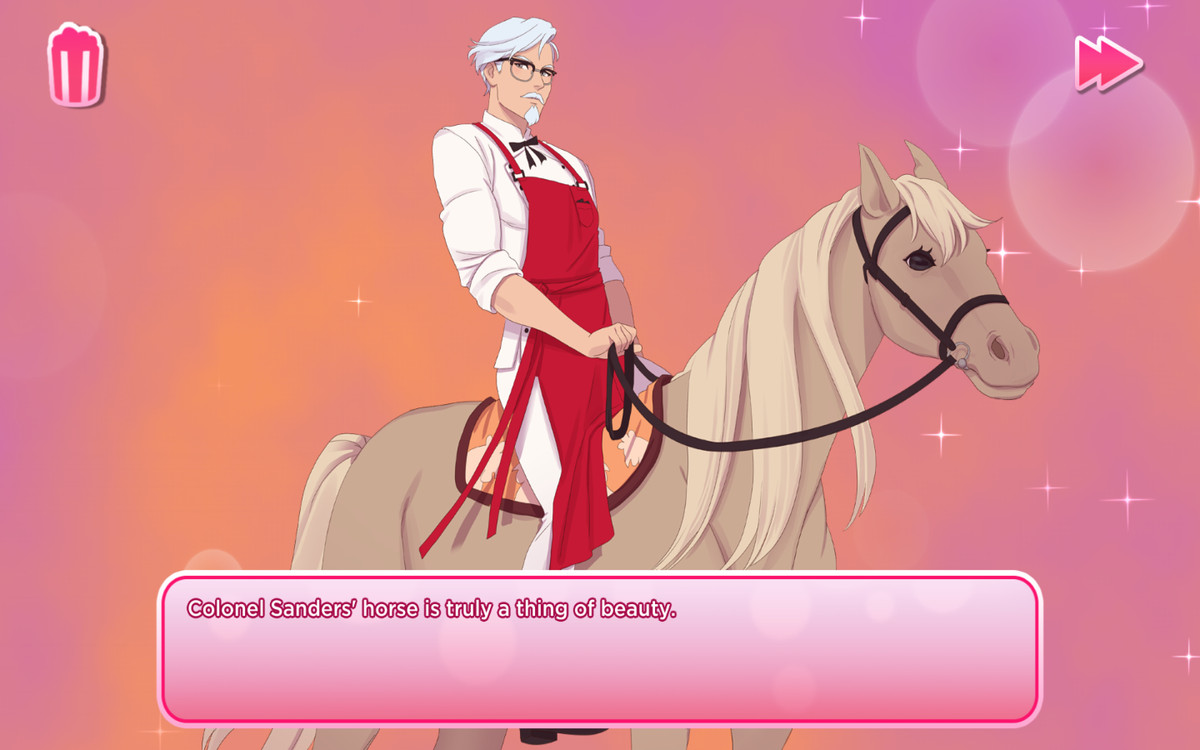 Anime Colonel Sanders riding a horse.