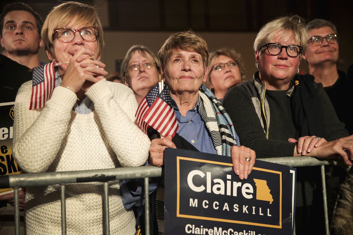 Supporters of Senator Claire McCaskill attend a rally she held with former Vice President Joe Biden in Bridgeton, Missouri, on October 31, 2018.