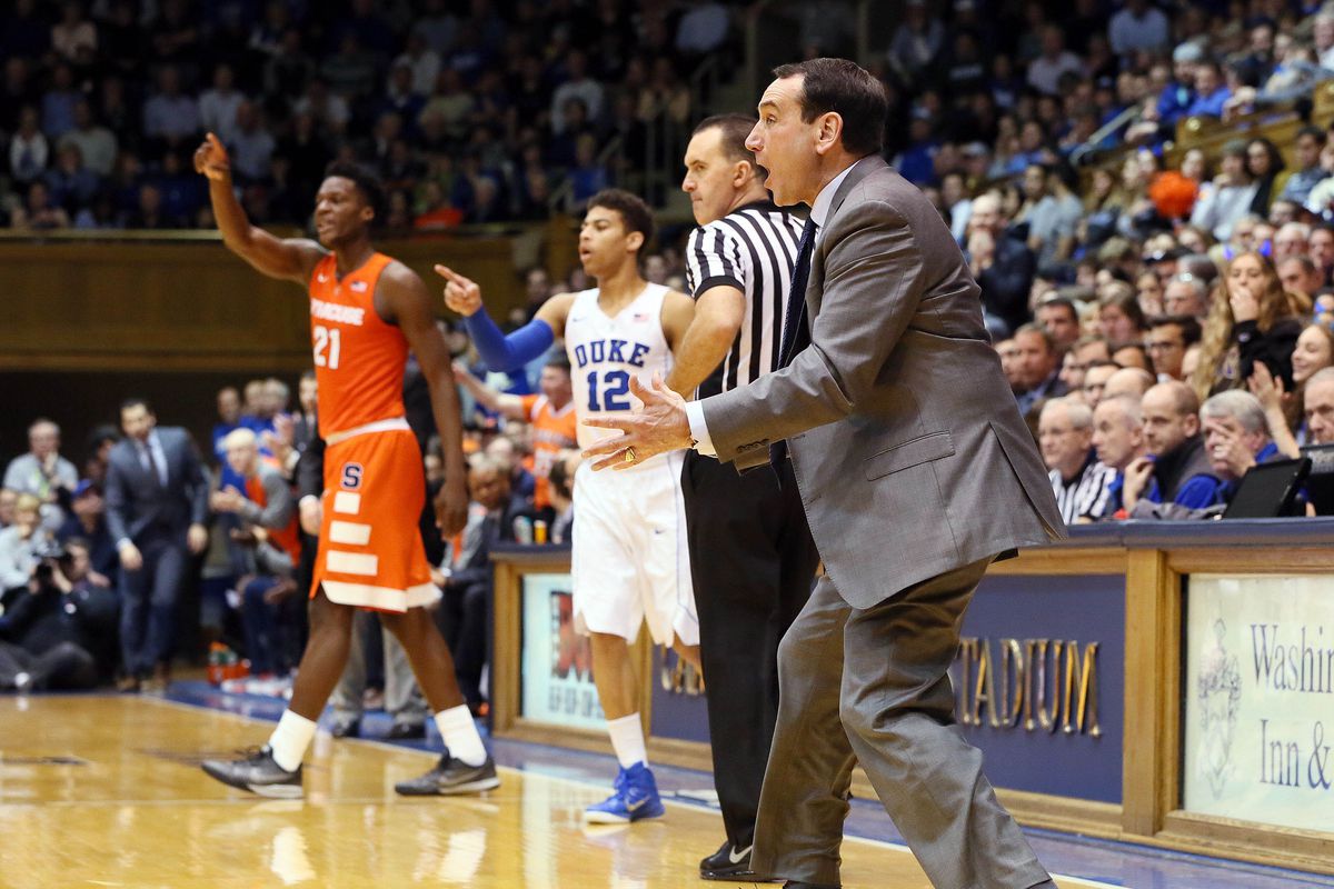 Jan 18, 2016; Durham, NC, USA; Duke Blue Devils head coach Mike Krzyzewski reacts to a call by the officials in their game against the Syracuse Orange at Cameron Indoor Stadium. 