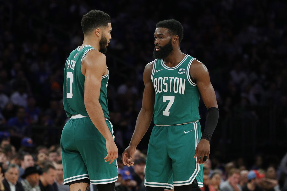 Jaylen Brown #7 talks with Jayson Tatum #0 of the Boston Celtics during the second half against the New York Knicks at Madison Square Garden on October 20, 2021 in New York City. The Knicks won 138-134.&nbsp;