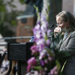Vice President of the Associated Students of the University of Utah Lori McDonald wipes tears while speaking during a vigil for Mackenzie Lueck organized on the Union lawn at the University of Utah in Salt Lake City on Monday, July 1, 2019.