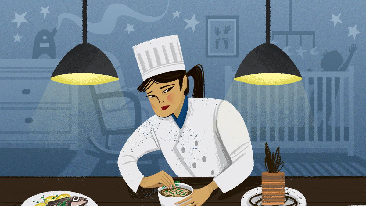 An illustration of a female chef working at a table in front of the faded backdrop of a child’s nursery