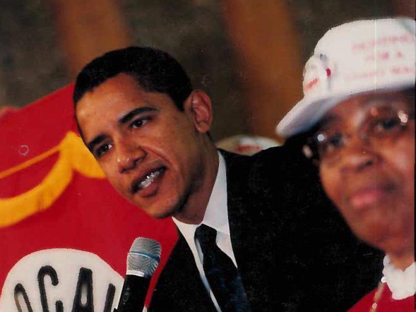 Helen Miller stands with a young Barack Obama in 1996 at the state capitol in Springfield, shortly after he was elected state senator. Mrs. Miller canvassed for Obama for several of his state elections. | Provided