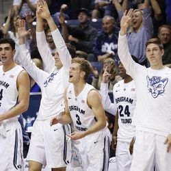 Brigham Young Cougars erupt on a 3-pointer in Provo Saturday, Feb. 14, 2015. BYU beat Pacific, 84-59.