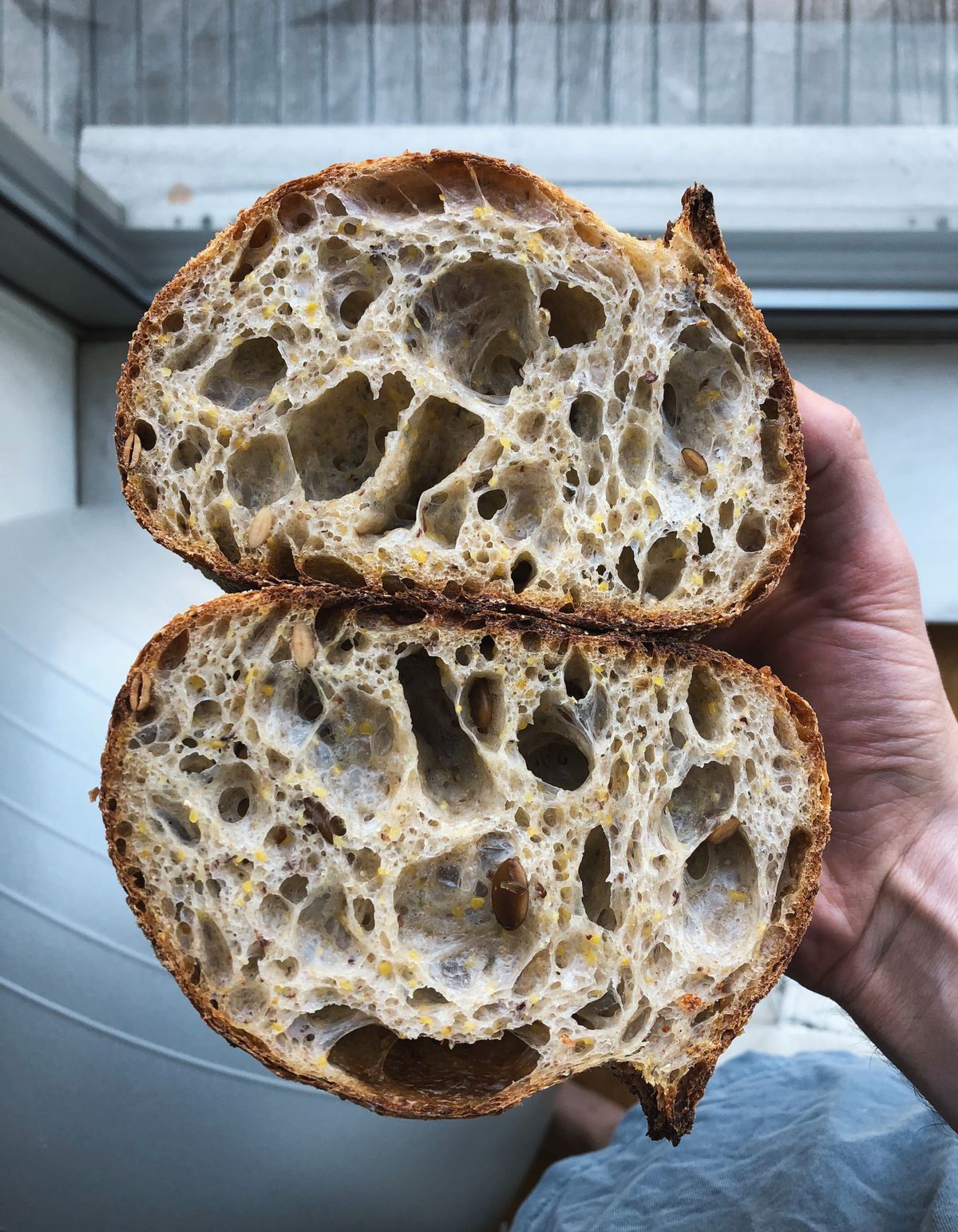 A cut intersection of a loaf of sourdough bread.