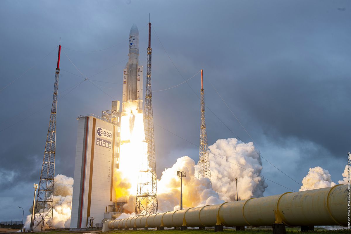 Arianespace’s Ariane 5 rocket with NASA’s James Webb Space Telescope onboard, lifts off Saturday, Dec. 25, 2021, at Europe’s Spaceport, the Guiana Space Center in Kourou, French Guiana.