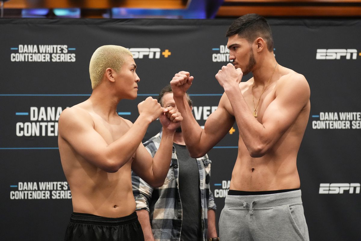 (L-R) Yusaku Kinoshita of Japan and Jose Henrique of Brazil face off during Dana White’s Contender Series season six, week six weigh-in at Palace Station on August 29, 2022 in Las Vegas, Nevada.