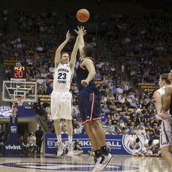 BYU guard Skyler Halford (23) shoots over Saint Mary's forward Brad Waldow (0) during an NCAA college basketball game Thursday, Feb. 12, 2015, in Provo, Utah. 