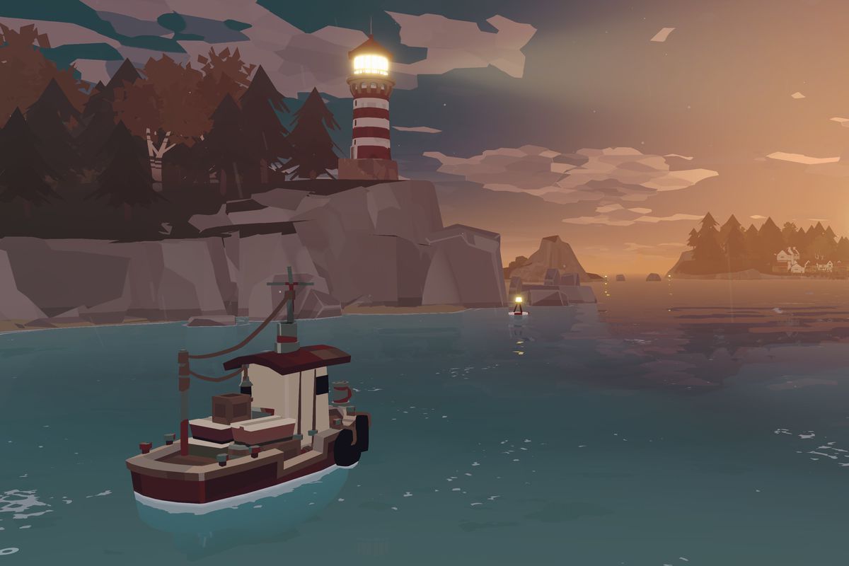 A fishing boat heads toward a lighthouse while the sun rises over the horizon in a screenshot from Dredge