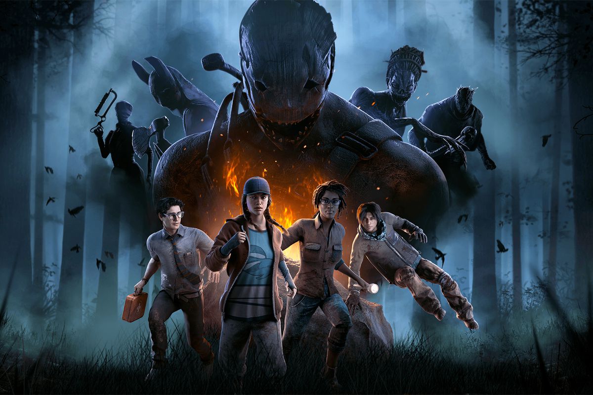 Artwork of Dead by Daylight, featuring four Survivor characters at the bottom and a series of original Killers lurking behind them