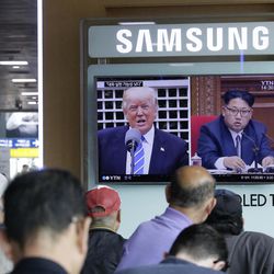 FILE - In the May 2, 2017 file photo, a TV screen shows images of U.S. President Donald Trump, left, and North Korean leader Kim Jong Un during a news program at the Seoul Railway Station in Seoul, South Korea. Tensions between the United States and North Korea tend to flare up suddenly and then fade away almost as quickly, but the latest escalation won't likely go away quite so easily. 