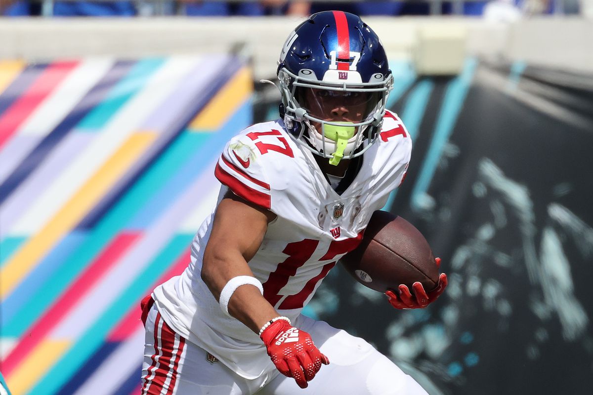 Wan’Dale Robinson #17 of the New York Giants runs the ball in the third quarter against the Jacksonville Jaguars at TIAA Bank Field on October 23, 2022 in Jacksonville, Florida.