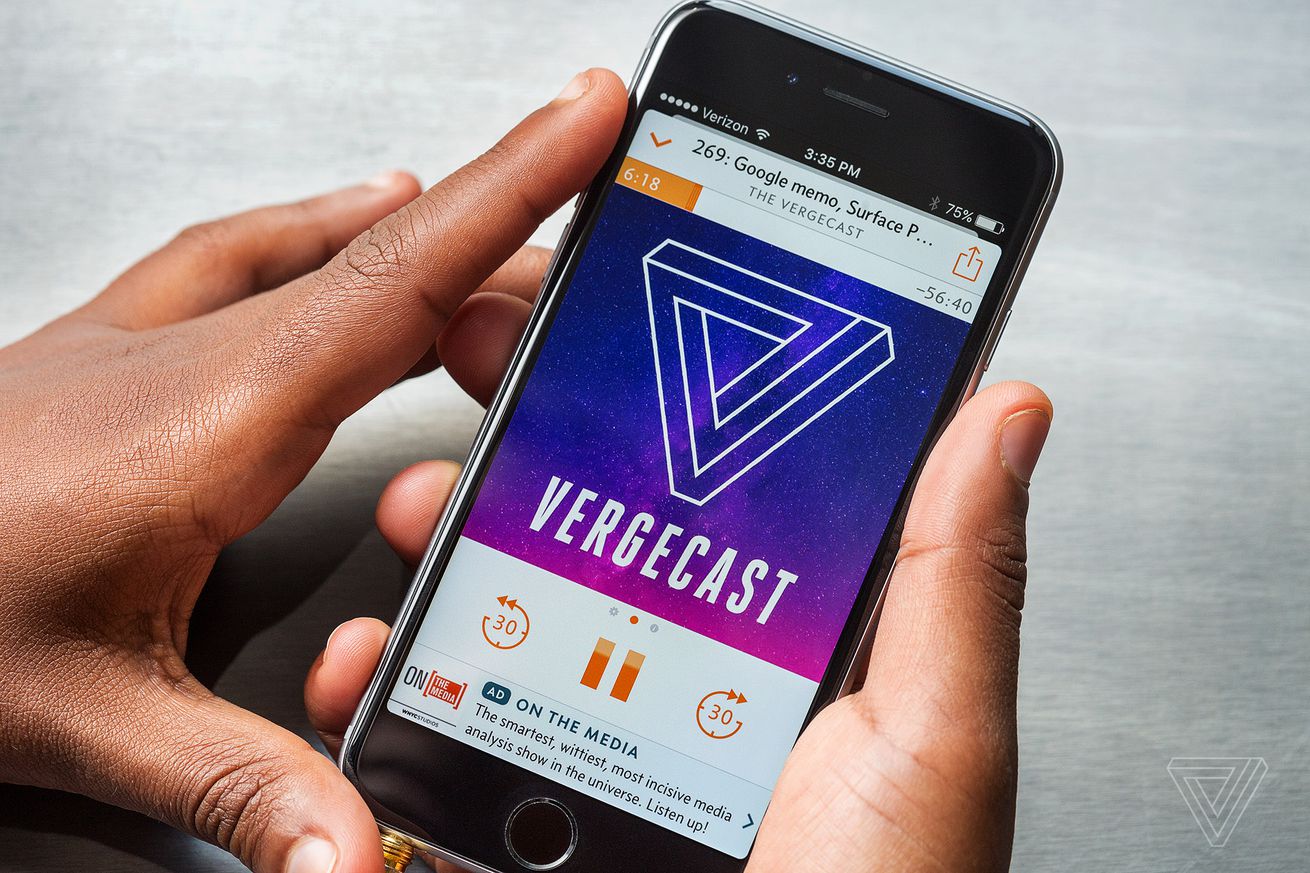 A close-up image of a phone, the Vergecast logo is prominent, and the UI around it is the orange Overcast one.
