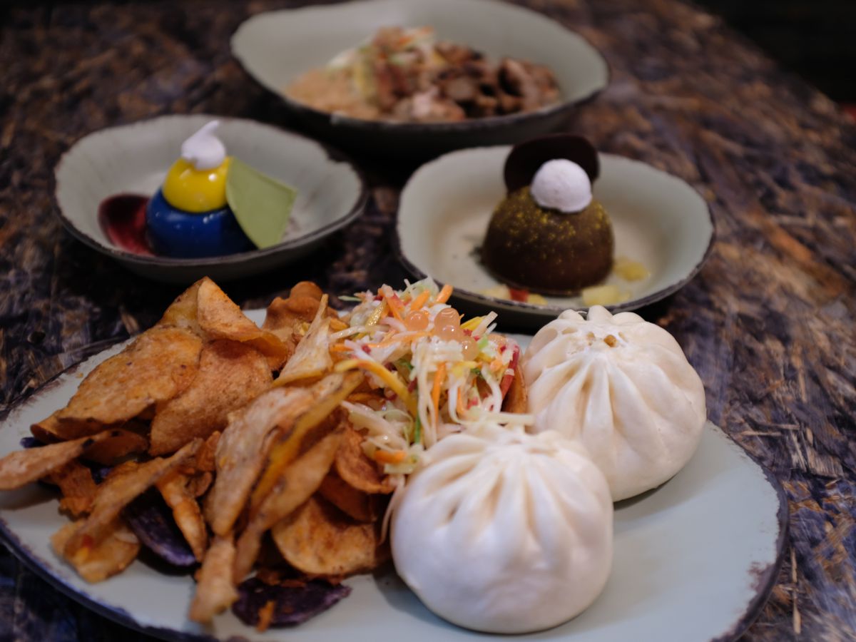 Dumplings, chips, and slaw on a plate beside otherworldly food items.