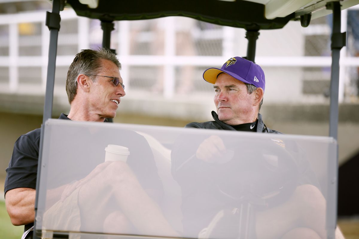 Vikings GM Rick Spielman left talked with head coach Mike Zimmer during NFL camp at Minnesota State University , Mankato Monday July 28, 2014 in Mankato, MN . ] Jerry Holt Jerry.holt@startribune.com