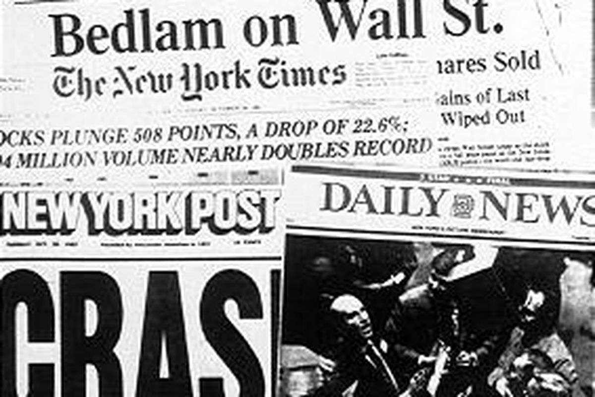 Chicago Sun-Times headline Oct. 19, 1987, is typical of headlines in newspapers across the country. The stock market plunged 508 points that day.