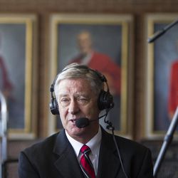University of Utah athletic director Chris Hill speaks on a headset following a press conference regarding his retirement after 31 years in the position at Jon M. Huntsman Center in Salt Lake City on Monday, March 26, 2018. Hill was 37 years old when he took the position in 1987.