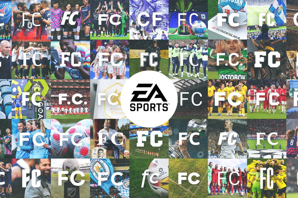 a collage of 45 tiles each featuring the letters “FC” with an EA Sports logo in the center, for EA Sports FC
