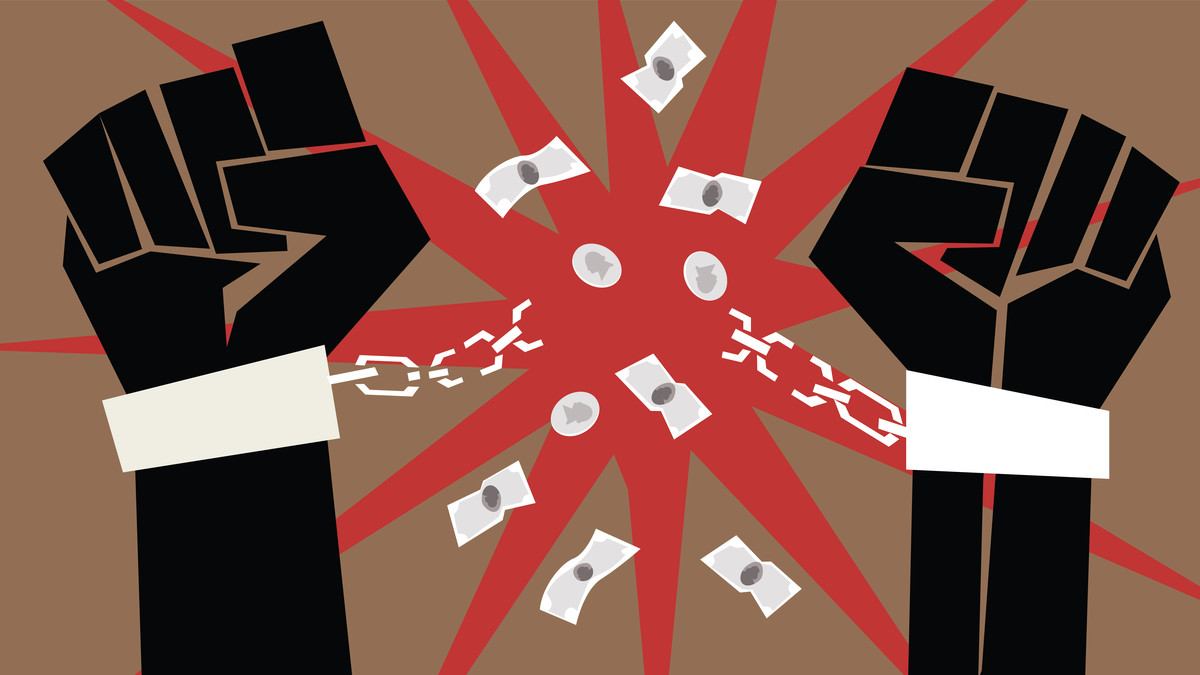 An illustration shows hands breaking chains apart with money.
