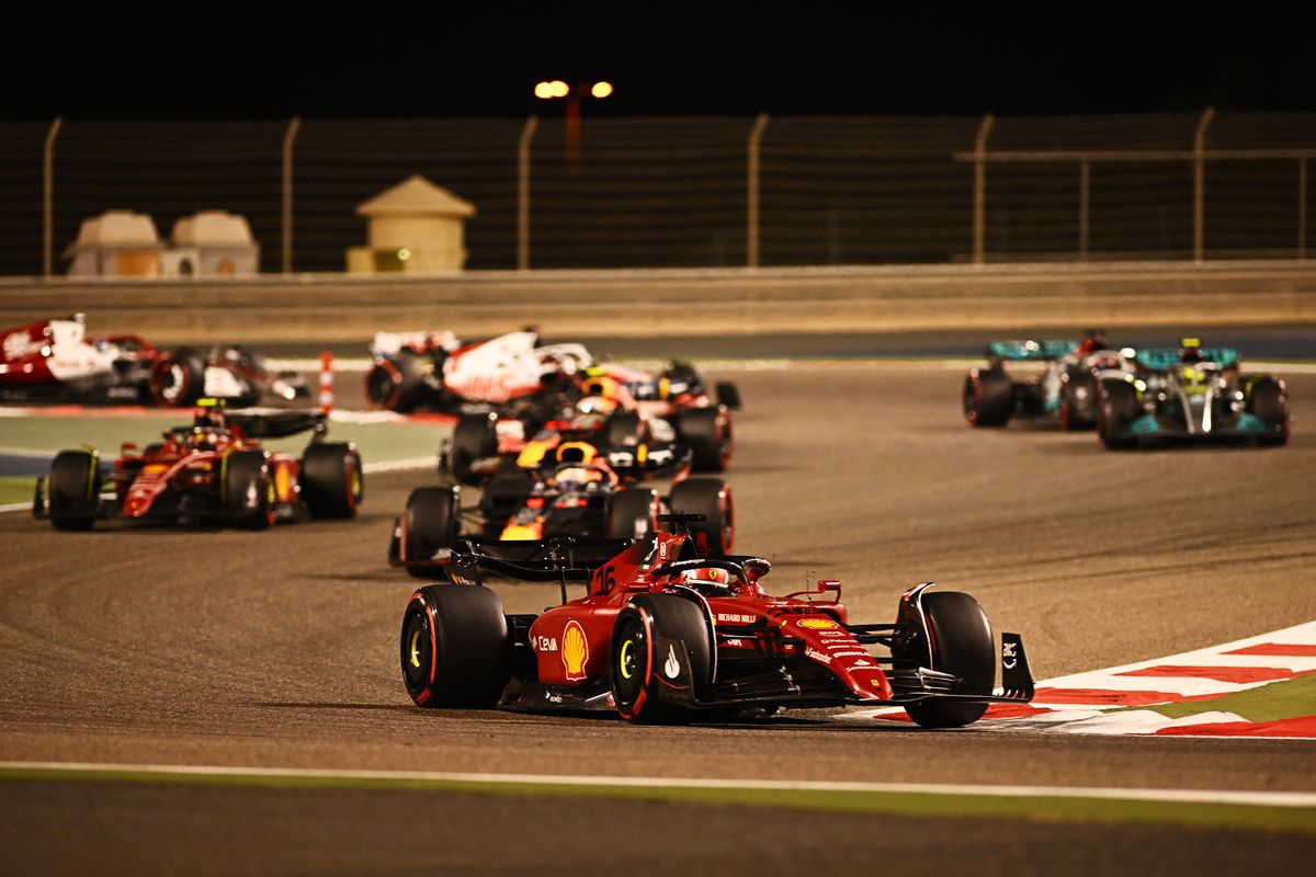 Charles Leclerc of Monaco driving (16) the Ferrari F1-75 leads the field at the restart following a safety car period during the F1 Grand Prix of Bahrain at Bahrain International Circuit on March 20, 2022 in Bahrain, Bahrain.