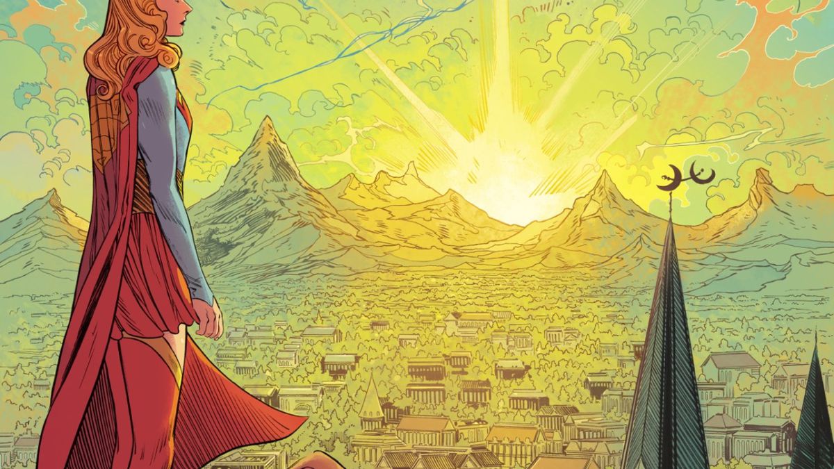 Supergirl standing on the ledge of a building with a hooded friend standing beside her looking out toward a sunset that illuminates the sky in greens and blues
