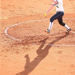 McKenna Bull pitches as the BYU women's softball team defeated third-ranked Oregon, 6-5, at Gail Miller Field on March 25, 2014.