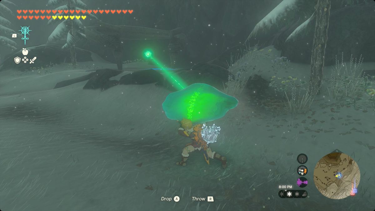 The Legend of Zelda: Tears of the Kingdom Link carrying the North Hebra Mountains Crystal back to Sisuran Shrine.