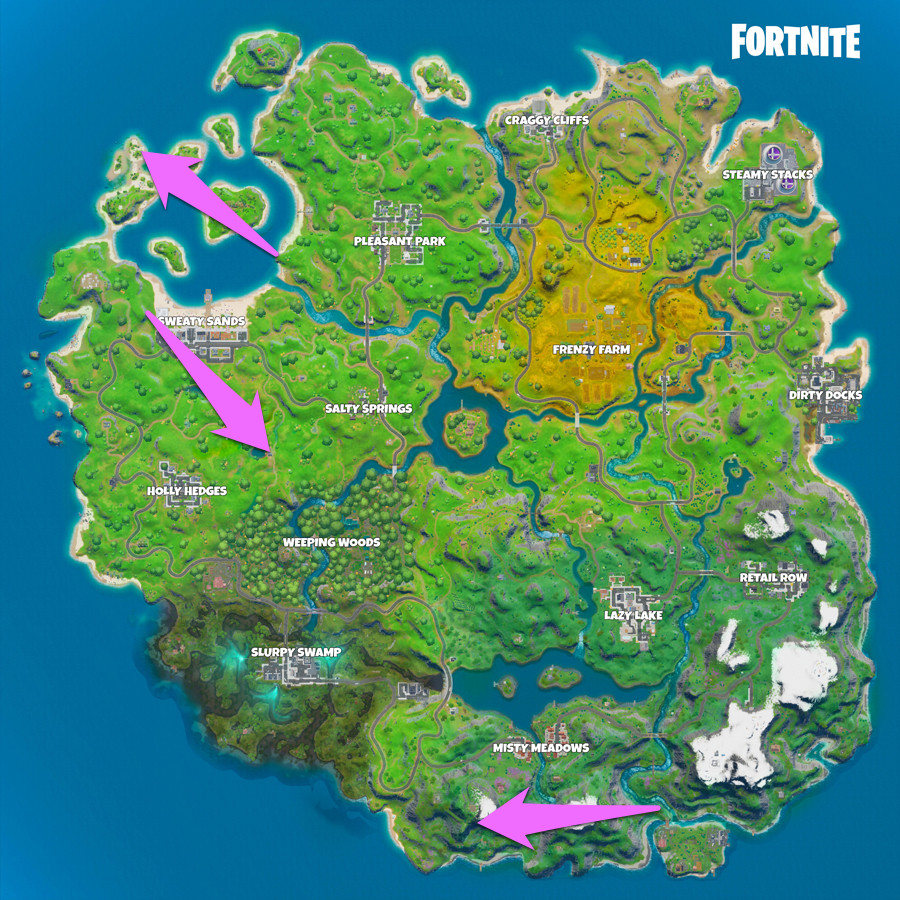 A Fortnite map with the locations for a week 4 challenge marked