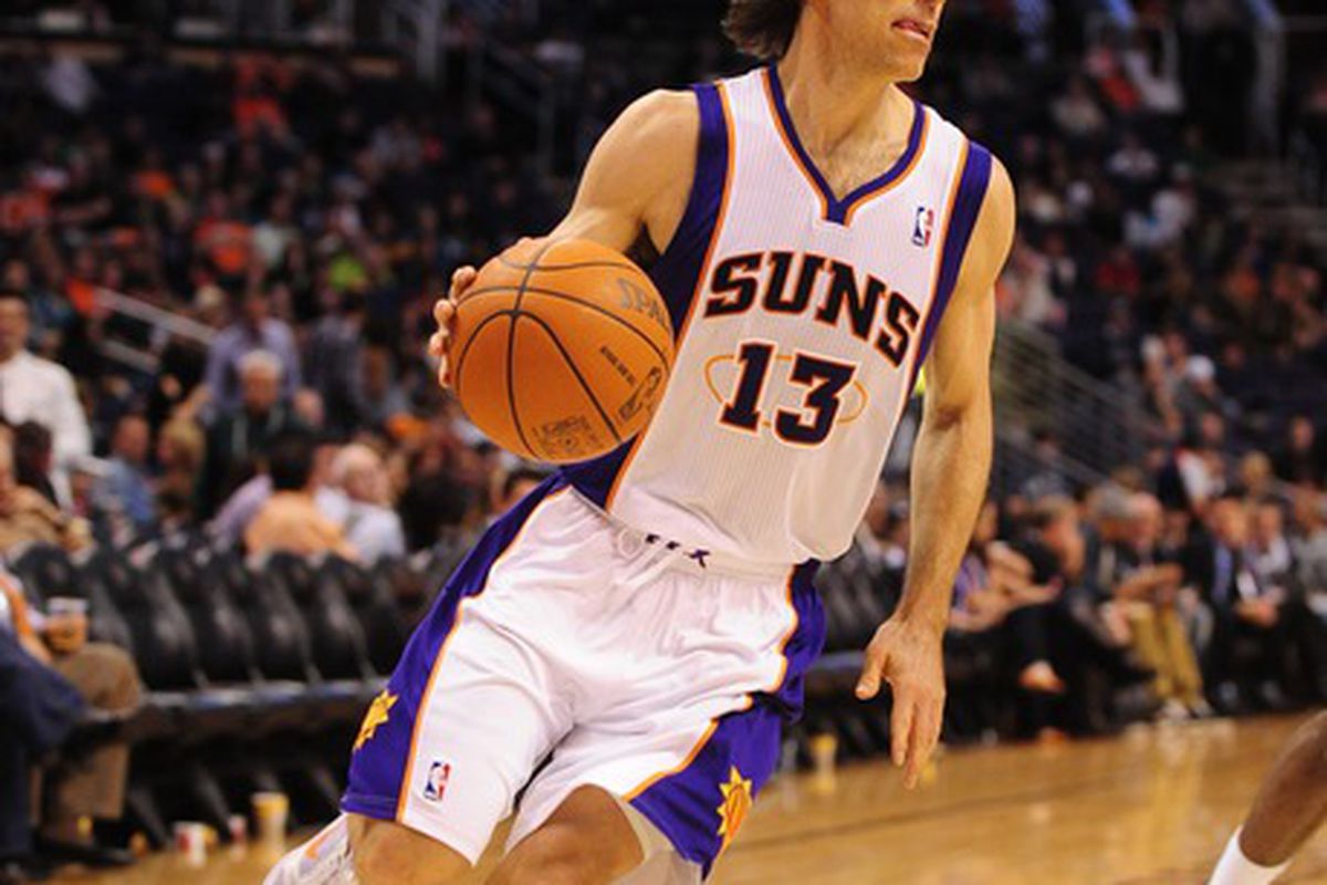 Feb. 20, 2012; Phoenix, AZ, USA; Phoenix Suns guard Steve Nash during game against the Washington Wizards at the US Airways Center. The Suns defeated the Wizards 104-88. Mandatory Credit: Mark J. Rebilas-US PRESSWIRE