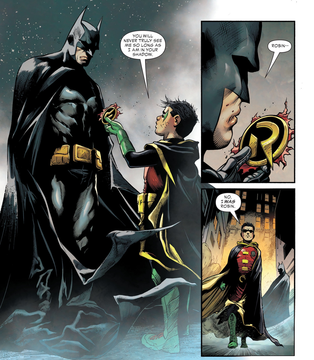 “You will never truly see me so long as I am in your shadow,” Robin says, as he hands the emblem from his costume to Batman, in Teen Titans Annual #2, DC Comics (2020). 