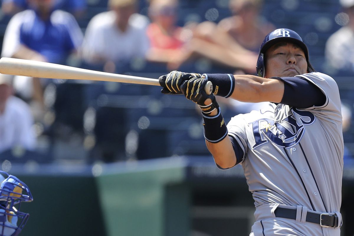 KANSAS CITY, MO - JUNE 27: Hideki Matsui #35 of the Tampa Bay Rays swings and strikes out against the Kansas City Royals in the eighth inning at Kauffman Stadium on June 27, 2012 in Kansas City, Missouri. (Photo by Ed Zurga/Getty Images)