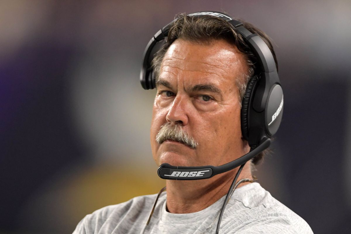 Then-Los Angeles Rams Head Coach Jeff Fisher looks on during the 2016 preseason finale, a 25-27 loss to the Minnesota Vikings, September 1, 2016.