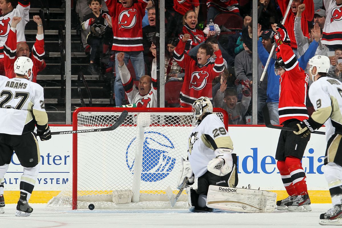 Pictured: Bobby Butler's first goal as a Devil, a power play goal, celebrating Devils, sad Penguins.  Not pictured: Butler.