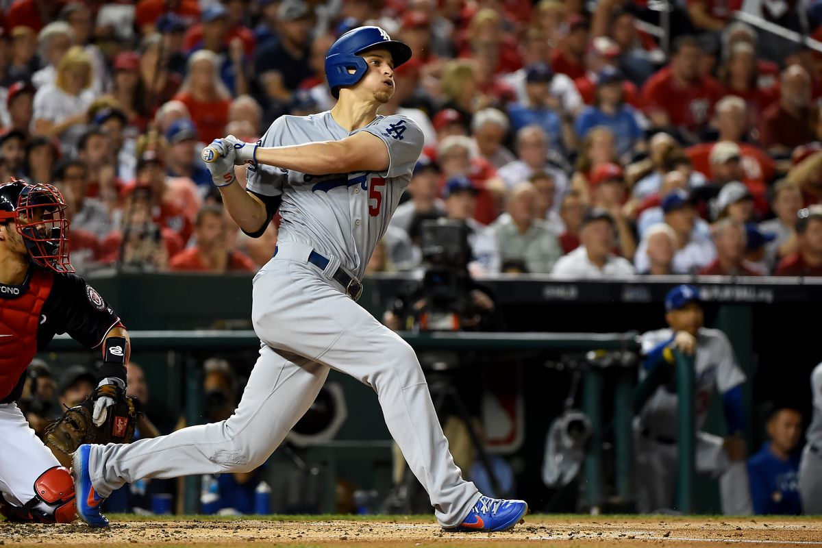 Corey Seager #5 of the Los Angeles Dodgers at bat against the Washington Nationals in Game Four of the National League Division Series at Nationals Park on October 7, 2019 in Washington, DC.
