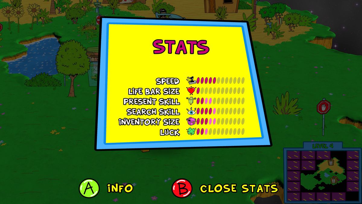 the stats screen for ToeJam &amp; Earl: Back in the Groove