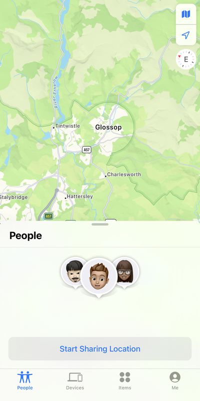 iPhone screen with Map on top, three icons with faces below, and a button titled Start Sharing Location below that.