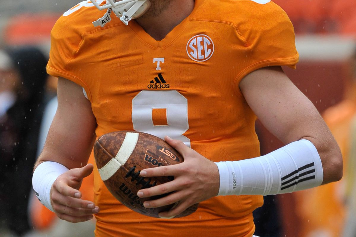 Sep 8, 2012; Knoxville, TN, USA; Tennessee Volunteers quarterback Tyler Bray (8) during warm up prior to the game against the Georgia State Panthers at Neyland Stadium. Mandatory Credit: Jim Brown-US PRESSWIRE