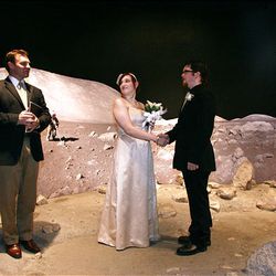 Bishop Kevin Jardine marries Vanessa Hyde and Charles Jacob Dauwalder at the Clark Planetarium on Monday.