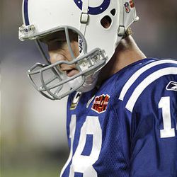 Indianapolis Colts quarterback Peyton Manning (18) reacts during the second half of the NFL Super Bowl against the New Orleans Saints in Miami Sunday.