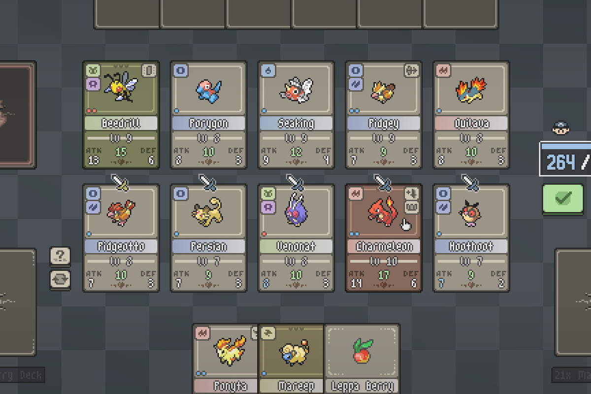 A virtual game surface that resembles the deck-builder in the first act of Inscryption. Player cards all have generation 1 and 2 Pokémon on them. 