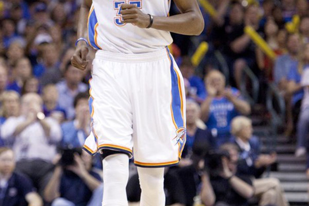 April 1, 2012; Oklahoma City  OK, USA; Oklahoma City Thunder small forward Kevin Durant (35) runs up court during the first quarter against the Chicago Bulls at Chesapeake Energy Arena. Mandatory Credit: Richard Rowe-US PRESSWIRE