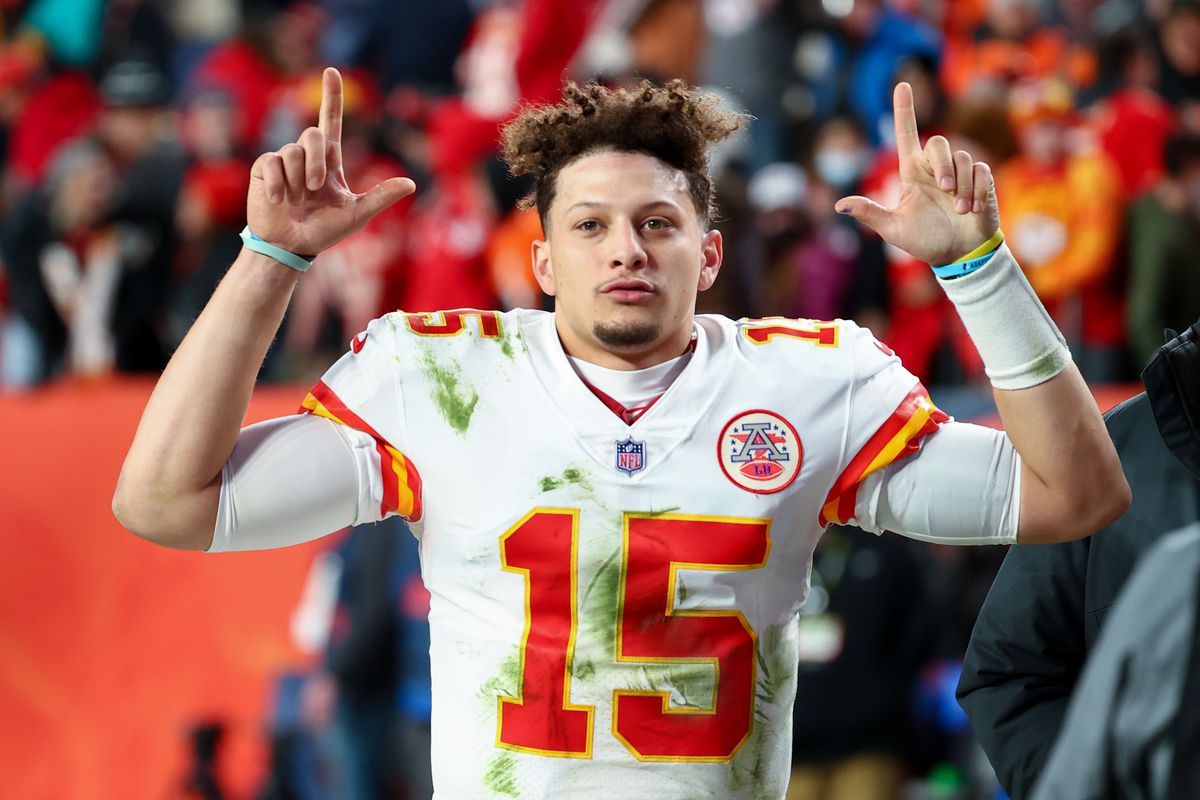 Patrick Mahomes #15 of the Kansas City Chiefs leaves the field after defeating the Denver Broncos 28-24 at Empower Field At Mile High on January 08, 2022 in Denver, Colorado.