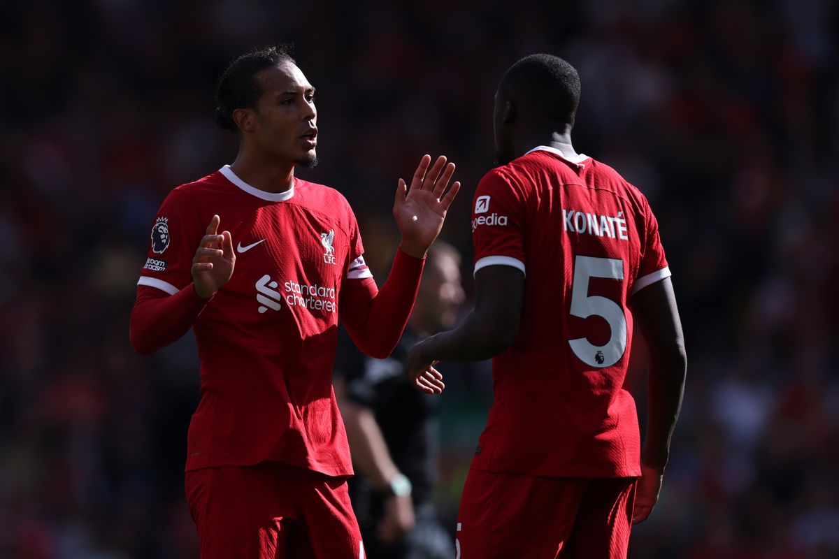 Virgil van Dijk and Ibrahima Konate of Liverpool react during the Premier League match between Liverpool FC and AFC Bournemouth at Anfield on August 19, 2023 in Liverpool, England.