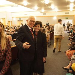 Elder Dallin H. Oaks, a member of the Quorum of the Twelve Apostles, and his wife, Sister Kristen Oaks, spoke to more than 1,500 young single adults in Salt Lake City Sunday night.